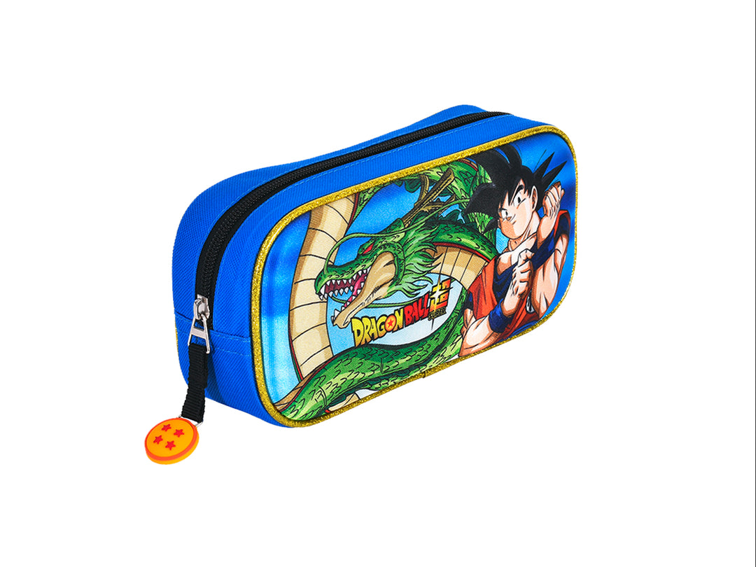 Lapicera multicolor de Dragon Ball Super con imágenes de Goku y el dragón Shenlong sobre fondo azul.