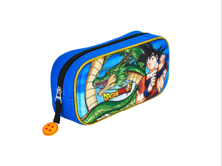 Lapicera multicolor de Dragon Ball Super con imágenes de Goku y el dragón Shenlong sobre fondo azul.