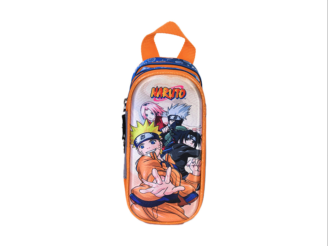Estuche lapicera naranja de Naruto con personajes del anime y asa superior.