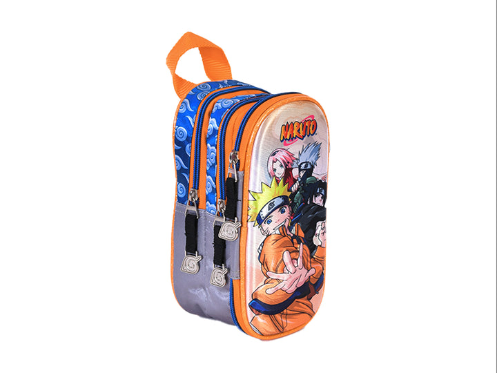 Estuche lapicera naranja de Naruto con personajes del anime y asa superior.