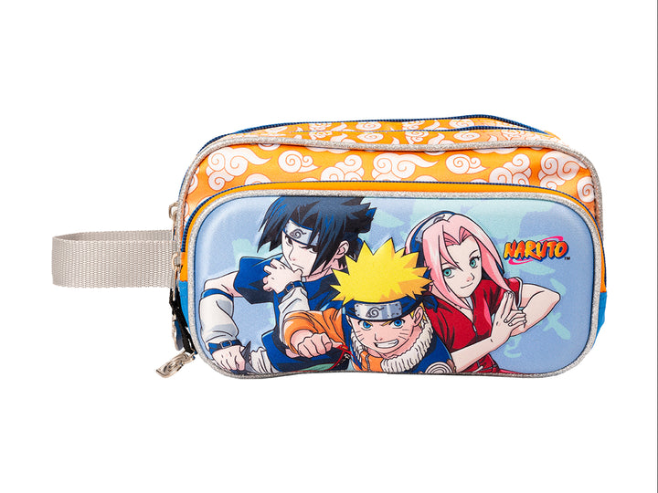 Lapicera multicolor de tela con estampado de personajes del anime Naruto y detalles en naranja y azul.
