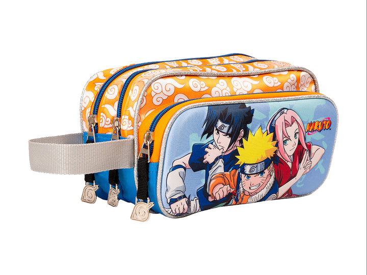 Lapicera multicolor de tela con estampado de personajes del anime Naruto y detalles en naranja y azul.