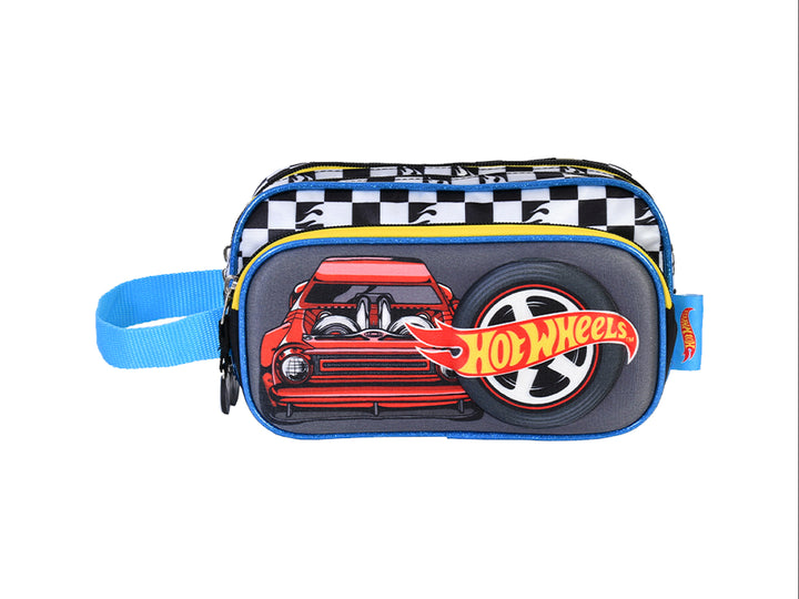Lapicera multicolor de Hot Wheels con diseño de auto rojo y patrón de cuadros blanco y negro.