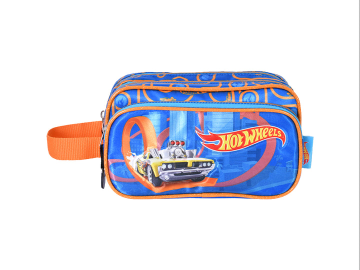 Estuche lapicera azul de Hot Wheels con detalles en naranja y estampado de auto.