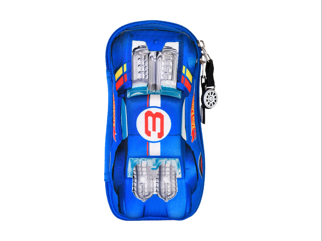 Lapicera azul de Hot Wheels con diseño de coche de carreras y compartimentos transparentes para lápices.