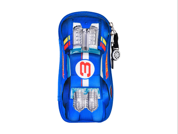 Lapicera azul de Hot Wheels con diseño de coche de carreras y compartimentos transparentes para lápices.