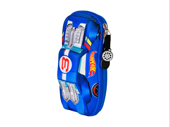 Lapicera azul de Hot Wheels con diseño de coche de carreras y compartimentos transparentes para lápices.