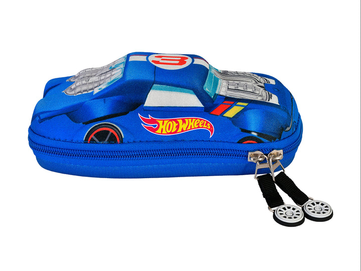 Lapicera azul de Hot Wheels con diseño de coche de carreras y compartimentos transparentes para lápices.