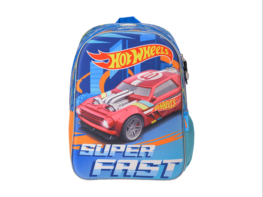Lonchera infantil multicolor con estampado de auto rojo Hot Wheels y texto Super Fast sobre fondo azul.