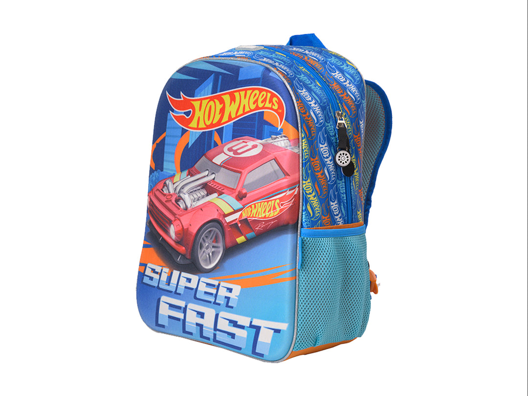 Lonchera infantil multicolor con estampado de auto rojo Hot Wheels y texto Super Fast sobre fondo azul.