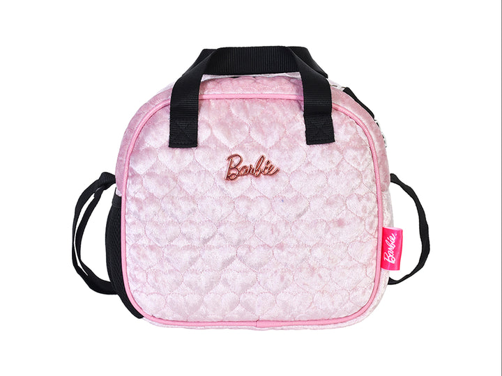 Lonchera infantil de Barbie en color rosa con textura acolchada y detalles en negro.
