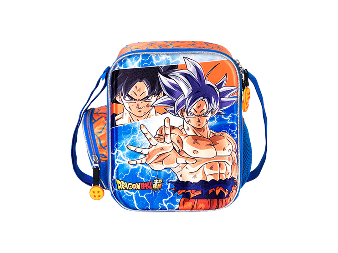 Lonchera infantil azul y naranja con estampado de Goku y Vegeta de Dragon Ball Super.