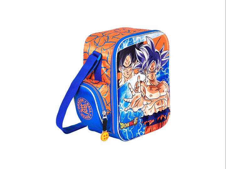 Lonchera infantil azul y naranja con estampado de Goku y Vegeta de Dragon Ball Super.