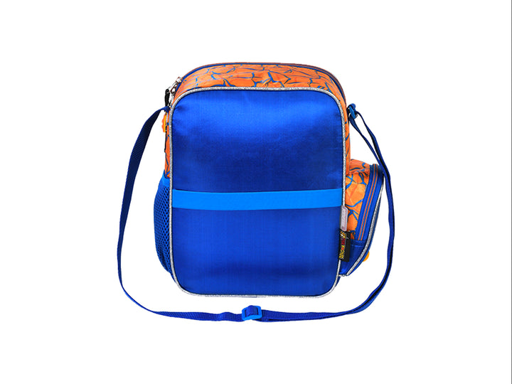 Lonchera infantil azul y naranja con estampado de Goku y Vegeta de Dragon Ball Super.