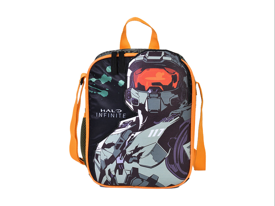 Lonchera infantil de Halo Infinite con imagen de Master Chief en colores naranja, verde y gris.