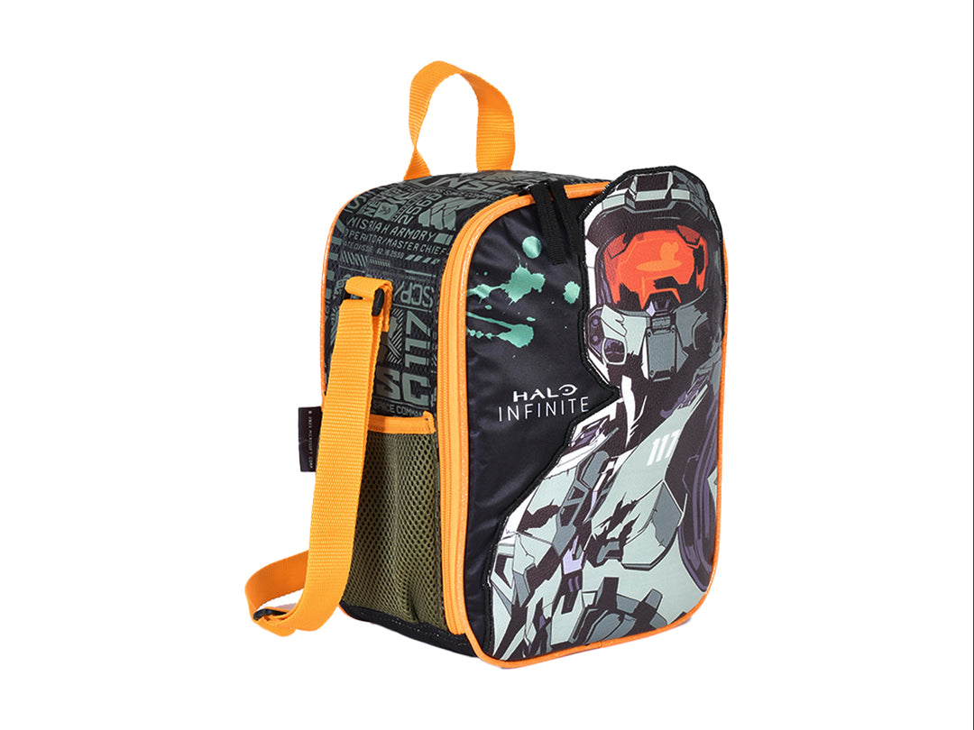 Lonchera infantil de Halo Infinite con imagen de Master Chief en colores naranja, verde y gris.