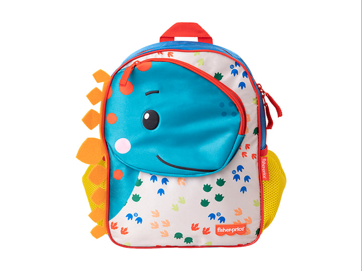 Mochila escolar infantil Fisher Price con diseño de dinosaurio en colores azul, blanco, rojo y naranja.