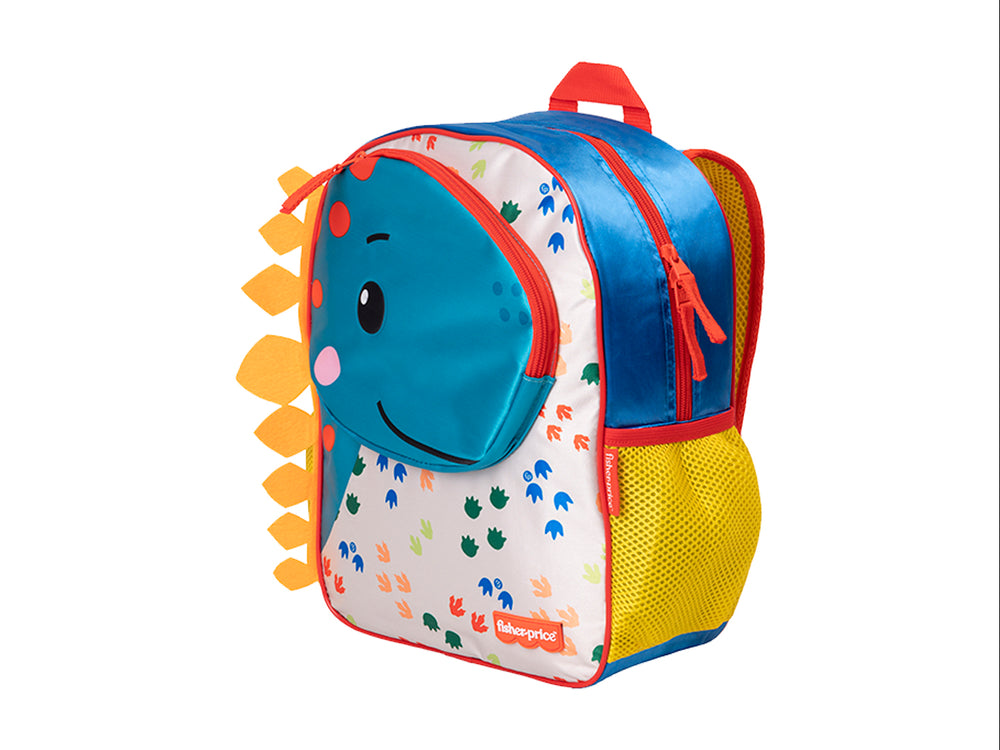 Mochila escolar infantil Fisher Price con diseño de dinosaurio en colores azul, blanco, rojo y naranja.