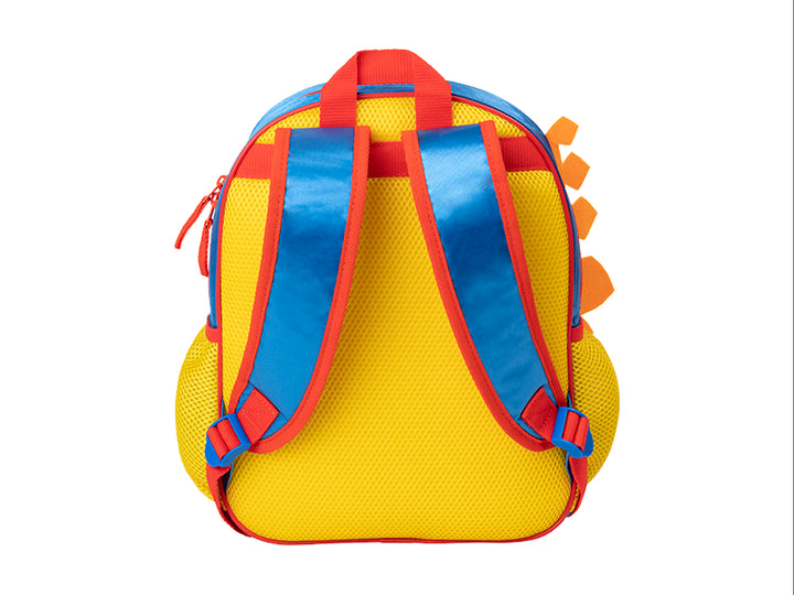 Mochila escolar infantil Fisher Price con diseño de dinosaurio en colores azul, blanco, rojo y naranja.