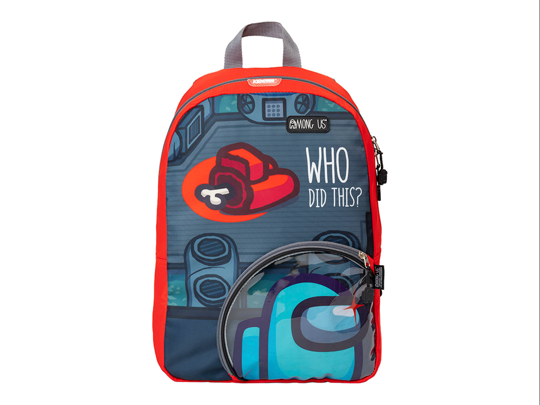 Mochila escolar de Among Us en colores gris y rojo con estampado de personajes y texto Who Did This?