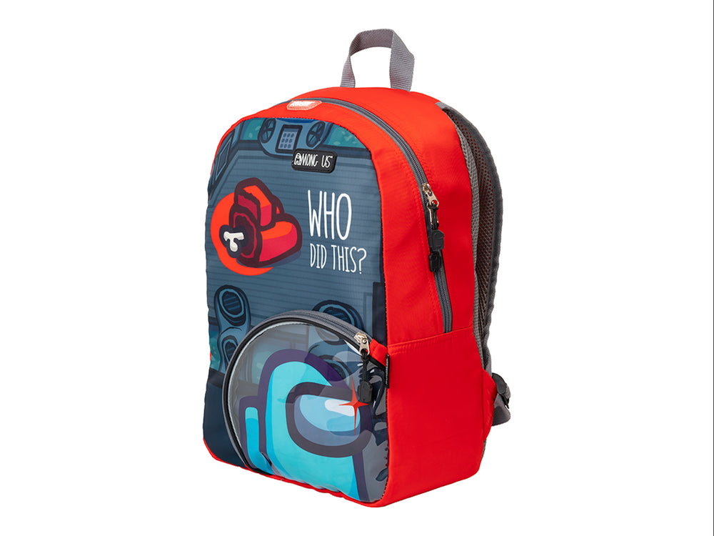 Mochila escolar de Among Us en colores gris y rojo con estampado de personajes y texto Who Did This?