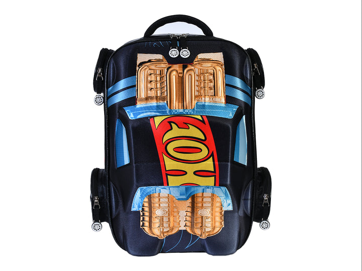 Mochila negra para niño con diseño frontal de un auto de Hot Wheels en colores azul, amarillo y rojo.