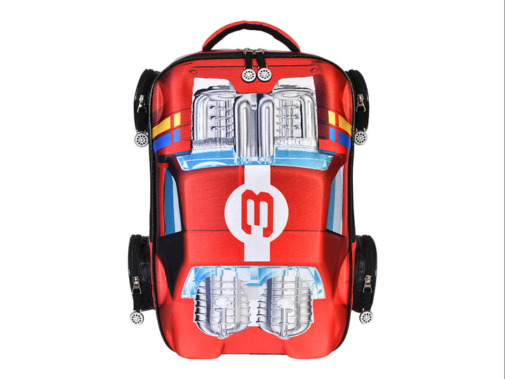 Mochila escolar roja para niño con diseño de auto Hot Wheels, detalles en blanco y azul y ruedas laterales decorativas.