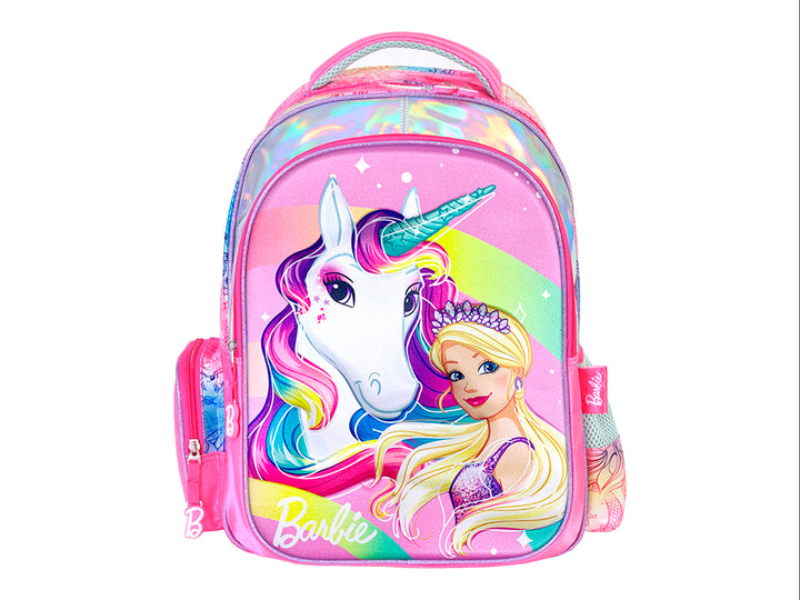 Mochila multicolor para niña con diseño de Barbie y un unicornio sobre fondo de arcoíris.