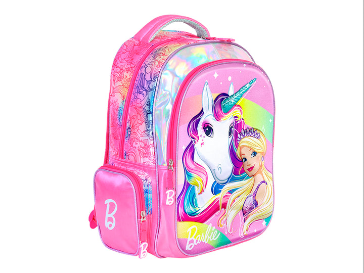 Mochila multicolor para niña con diseño de Barbie y un unicornio sobre fondo de arcoíris.