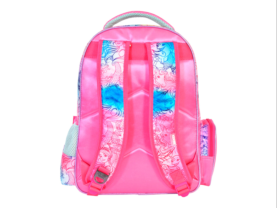 Mochila multicolor para niña con diseño de Barbie y un unicornio sobre fondo de arcoíris.