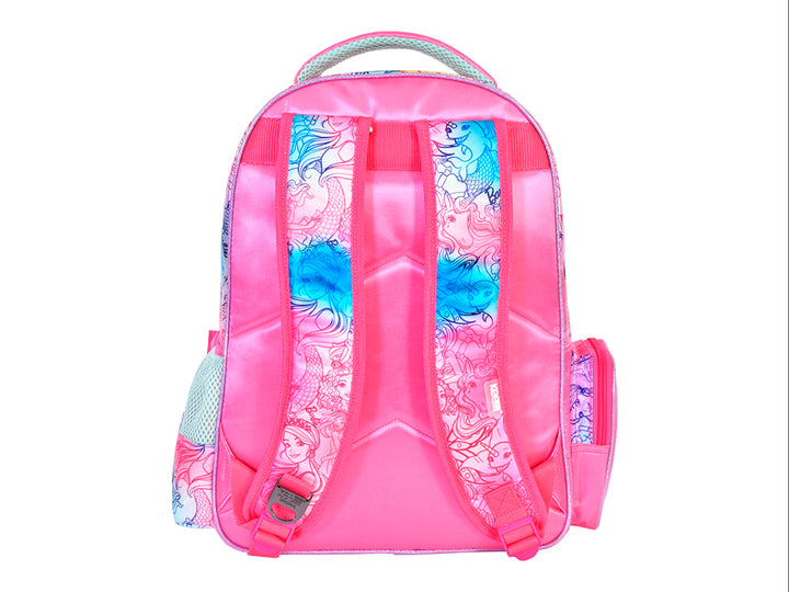 Mochila multicolor para niña con diseño de Barbie y un unicornio sobre fondo de arcoíris.