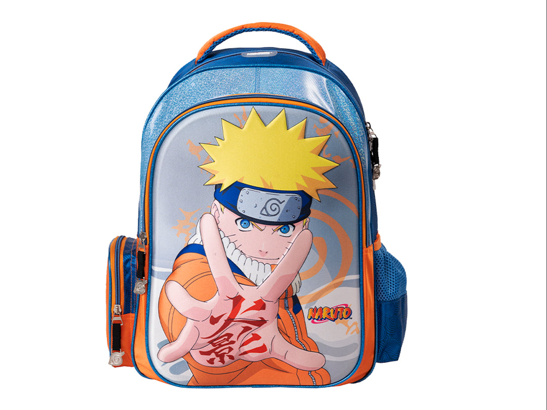 Mochila escolar azul y naranja con diseño del personaje Naruto Uzumaki.