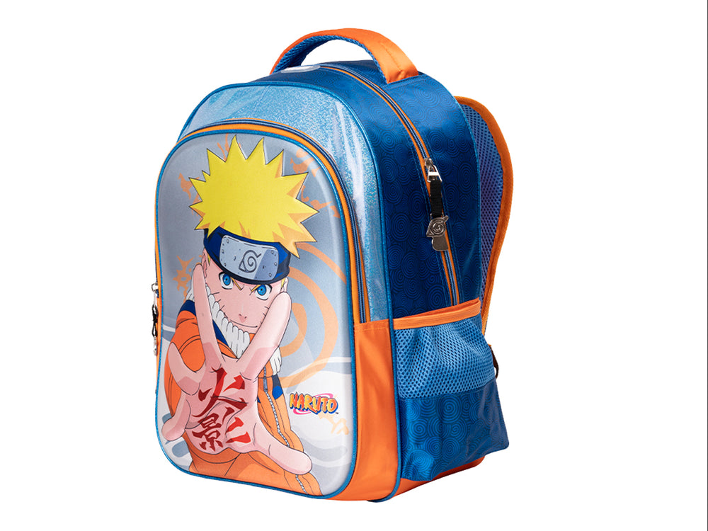 Mochila escolar azul y naranja con diseño del personaje Naruto Uzumaki.