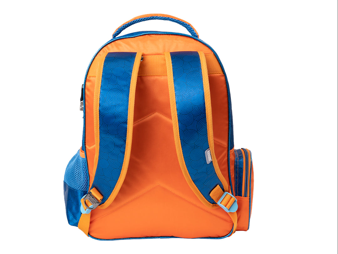 Mochila escolar azul y naranja con diseño del personaje Naruto Uzumaki.