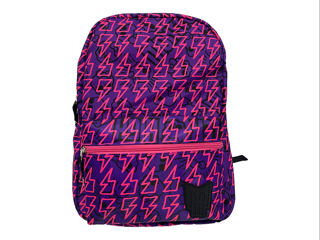 Mochila escolar para niña con estampado de rayos en colores rosa y morado.