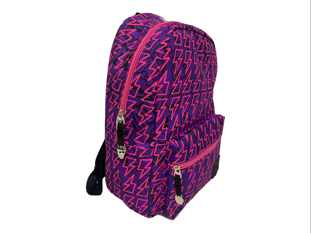 Mochila escolar para niña con estampado de rayos en colores rosa y morado.