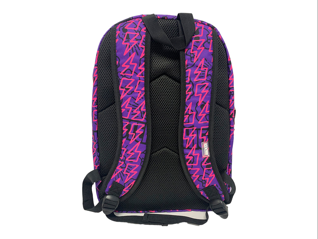 Mochila escolar para niña con estampado de rayos en colores rosa y morado.