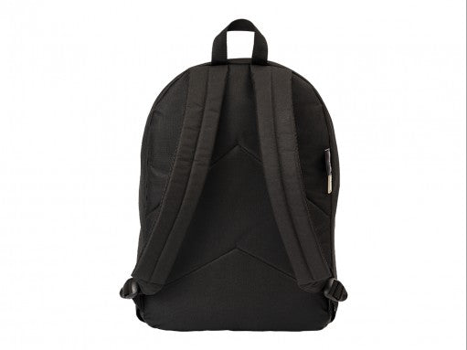 Mochila escolar negra para niña con estampado repetitivo en color dorado y bolsillo frontal.