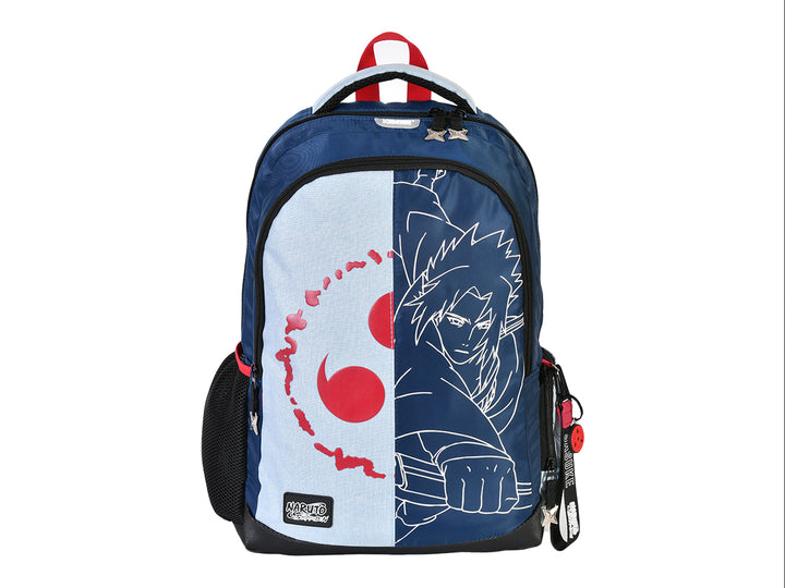 Mochila escolar azul marino y blanca con diseño de personaje de Naruto y detalles en rojo.