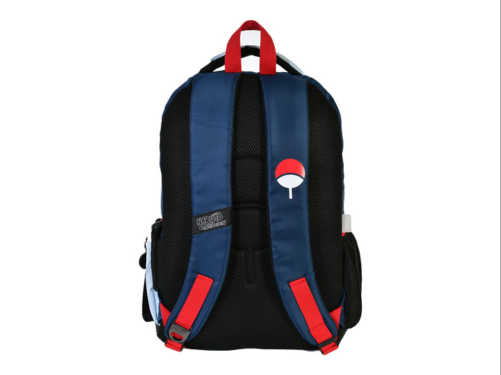 Mochila escolar azul marino y blanca con diseño de personaje de Naruto y detalles en rojo.