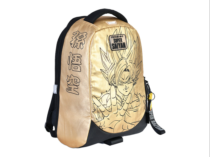 Mochila escolar amarilla y negra con ilustración de Goku Super Saiyan de Dragon Ball Z