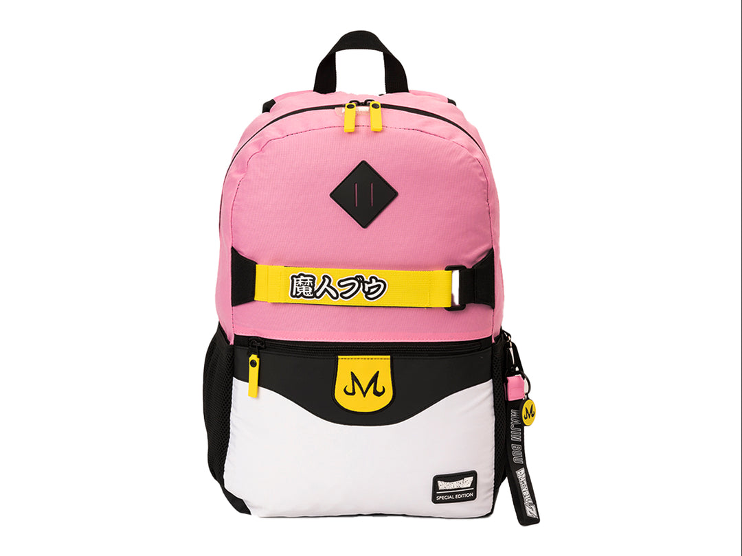 Mochila escolar multicolor en rosa, blanco y negro con detalles amarillos y letras japonesas.