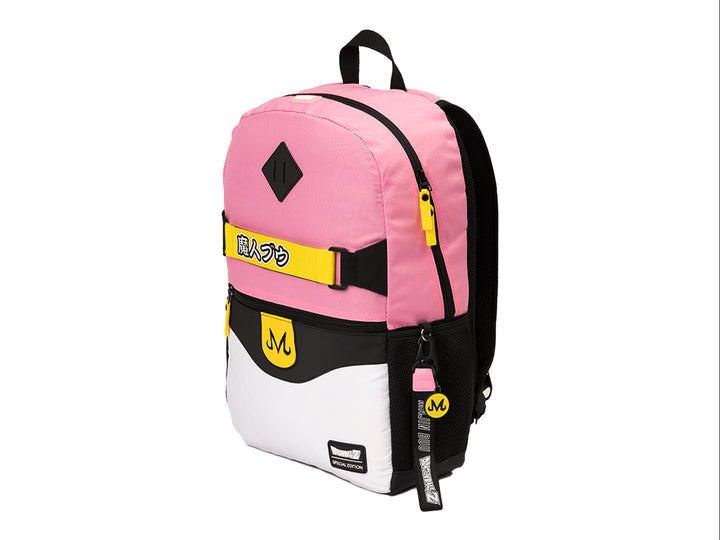 Mochila escolar multicolor en rosa, blanco y negro con detalles amarillos y letras japonesas.
