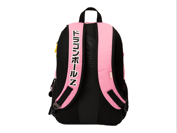 Mochila escolar multicolor en rosa, blanco y negro con detalles amarillos y letras japonesas.