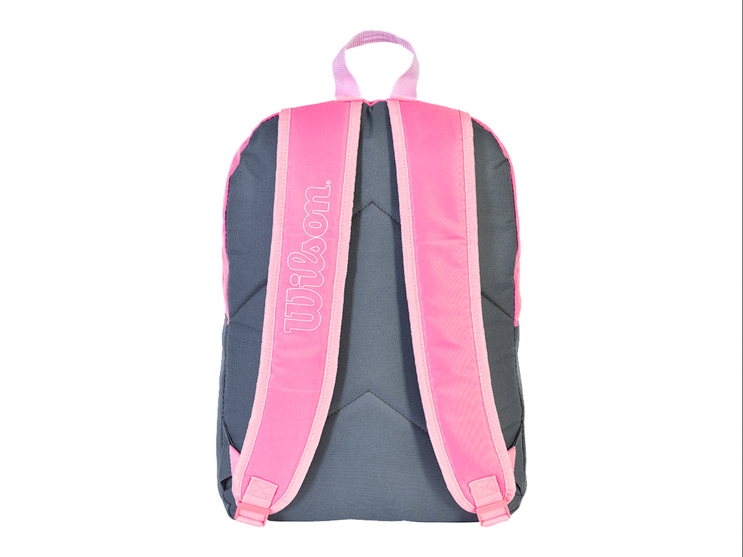 Mochila deportiva Wilson en colores rosa y negro con logotipo blanco frontal.