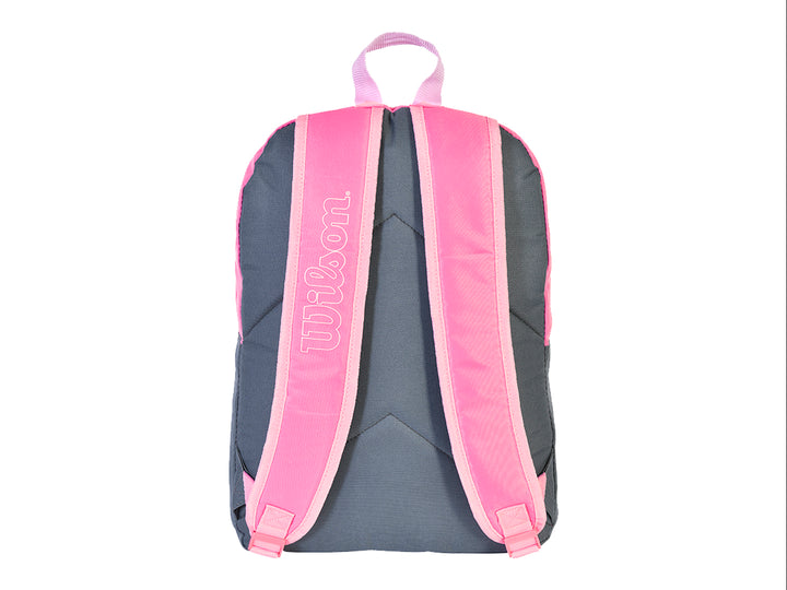 Mochila deportiva Wilson en colores rosa y negro con logotipo blanco frontal.