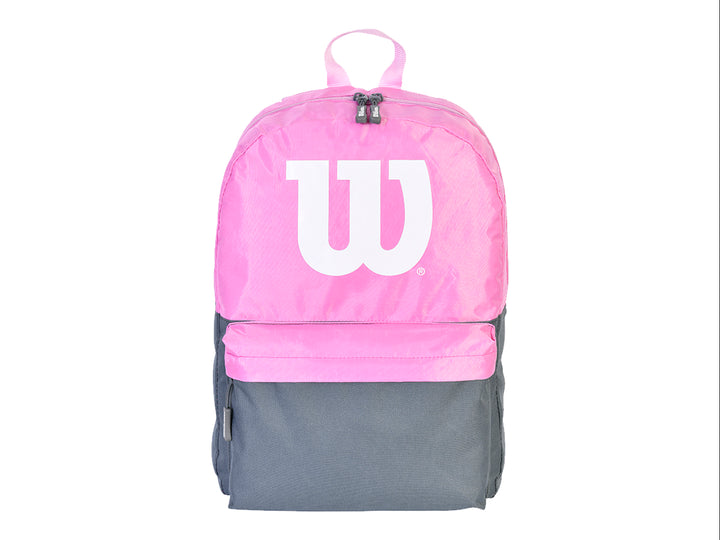 Mochila juvenil de color rosa y gris oscuro con el logotipo blanco de Wilson en la parte frontal.