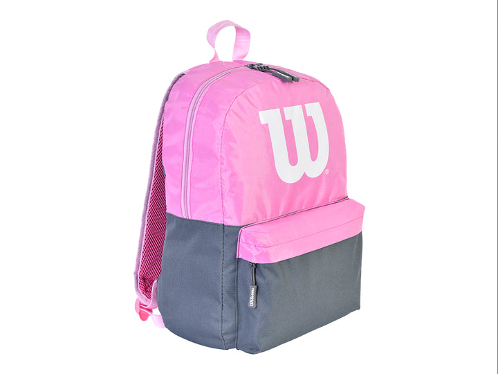 Mochila juvenil de color rosa y gris oscuro con el logotipo blanco de Wilson en la parte frontal.