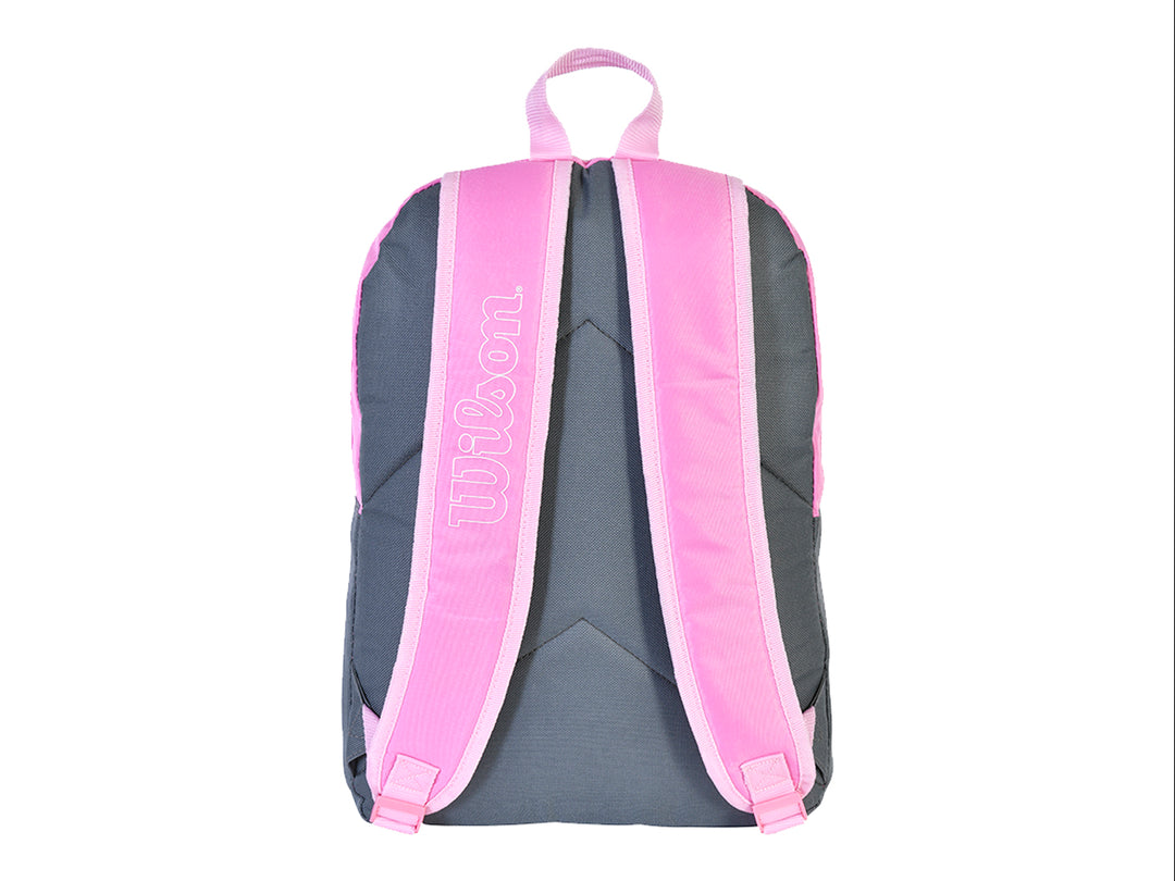 Mochila juvenil de color rosa y gris oscuro con el logotipo blanco de Wilson en la parte frontal.