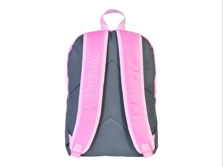 Mochila juvenil de color rosa y gris oscuro con el logotipo blanco de Wilson en la parte frontal.
